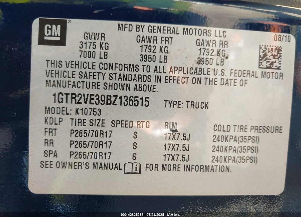 2011 GMC SIERRA 1500 VIN: 1GTR2VE39BZ136515