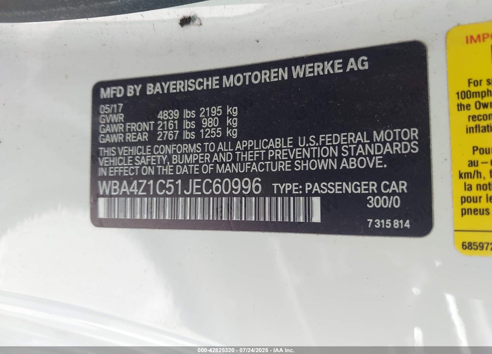 2018 BMW 4 SERIES VIN: WBA4Z1C51JEC60996