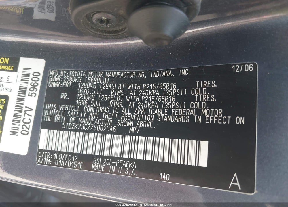 2007 TOYOTA SIENNA LE VIN: 5TDZK23C77S002046