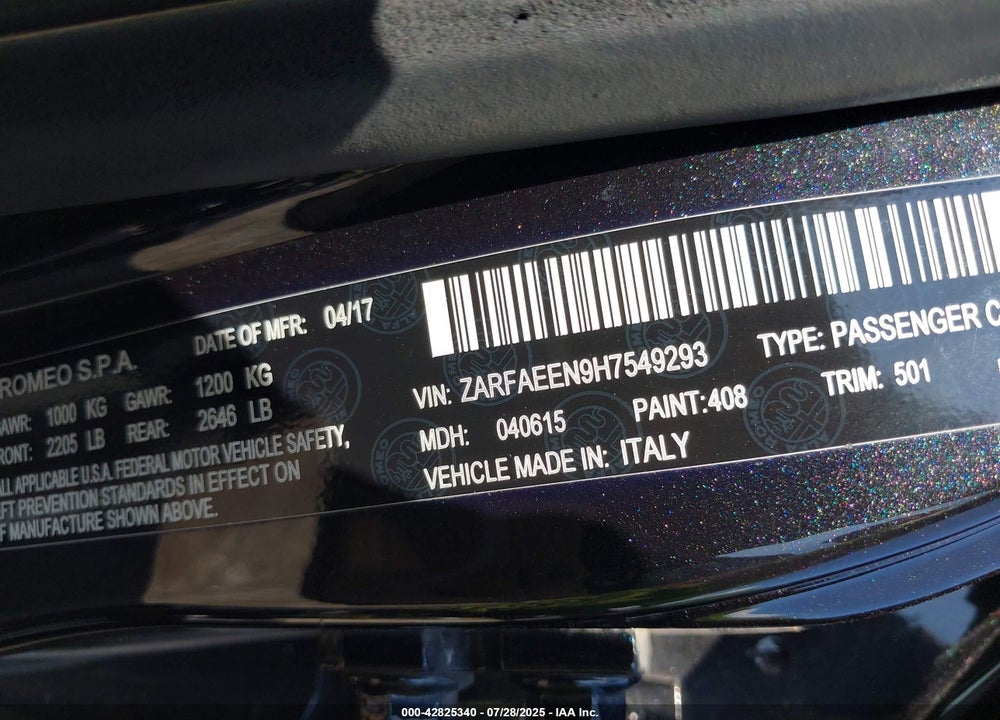 2017 ALFA ROMEO GIULIA VIN: ZARFAEEN9H7549293