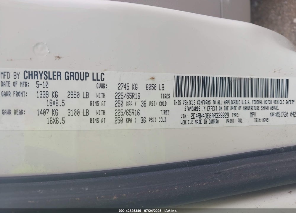 2010 DODGE GRAND CARAVAN SE VIN: 2D4RN4DE6AR339829