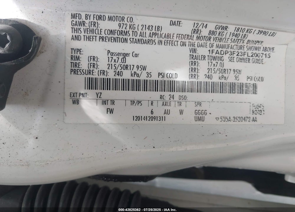 2015 FORD FOCUS SE VIN: 1FADP3F23FL200715