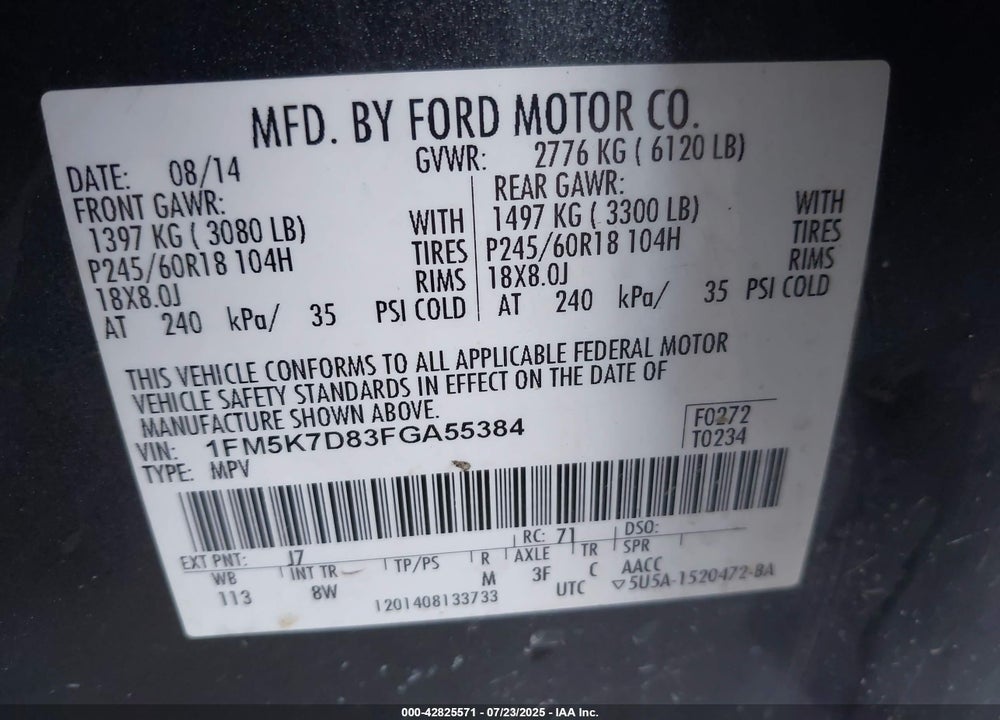 2015 FORD EXPLORER VIN: 1FM5K7D83FGA55384