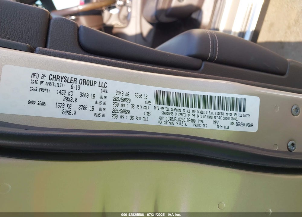 2014 JEEP GRAND CHEROKEE VIN: 1C4RJFJG7EC196480