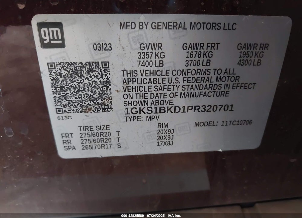 2023 GMC YUKON VIN: 1GKS1BKD1PR320701
