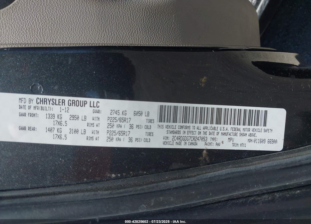 2012 DODGE GRAND CARAVAN CREW VIN: 2C4RDGDG7CR247053