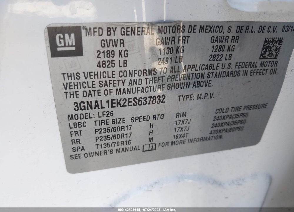 2014 CHEVROLET CAPTIVA SPORT VIN: 3GNAL1EK2ES637832