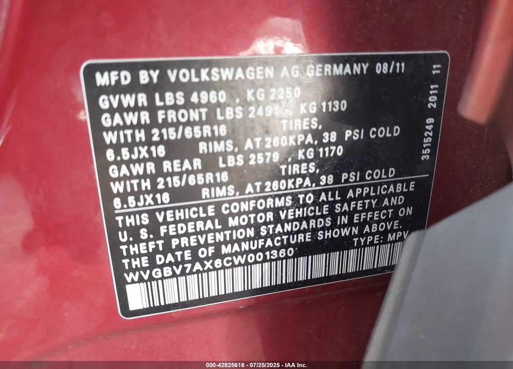 2012 VOLKSWAGEN TIGUAN VIN: WVGBV7AX6CW001360