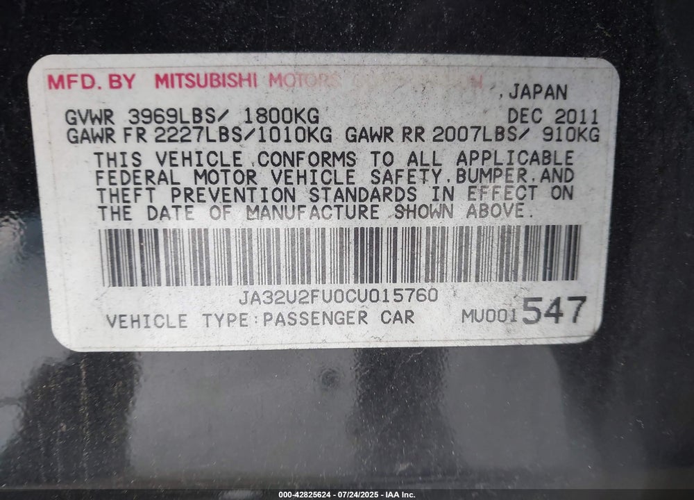 2012 MITSUBISHI LANCER VIN: JA32U2FU0CU015760