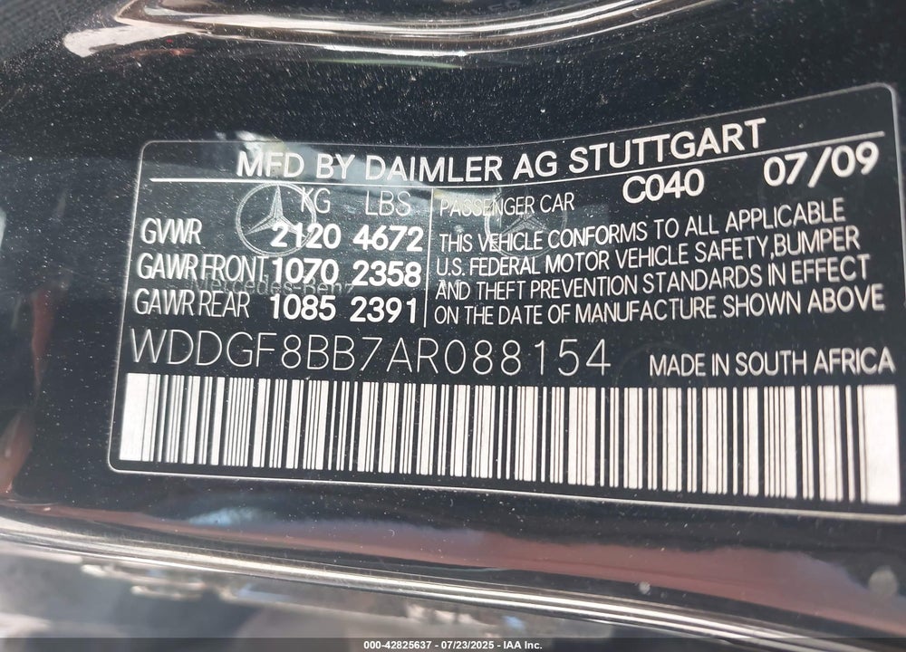 2010 MERCEDES-BENZ C CLASS VIN: WDDGF8BB7AR088154