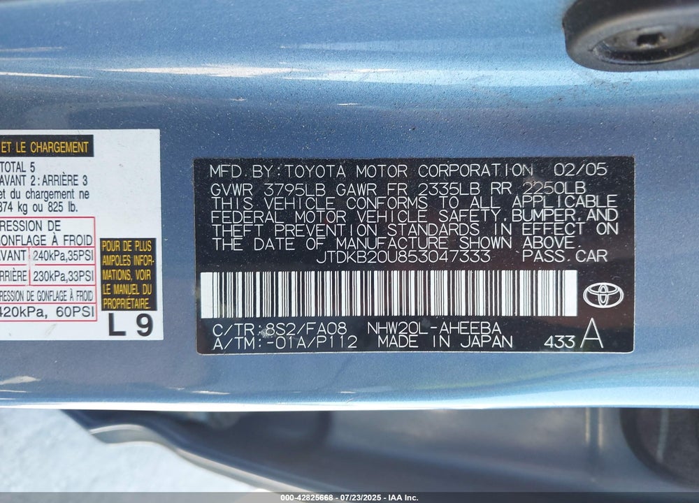 2005 TOYOTA PRIUS VIN: JTDKB20U853047333