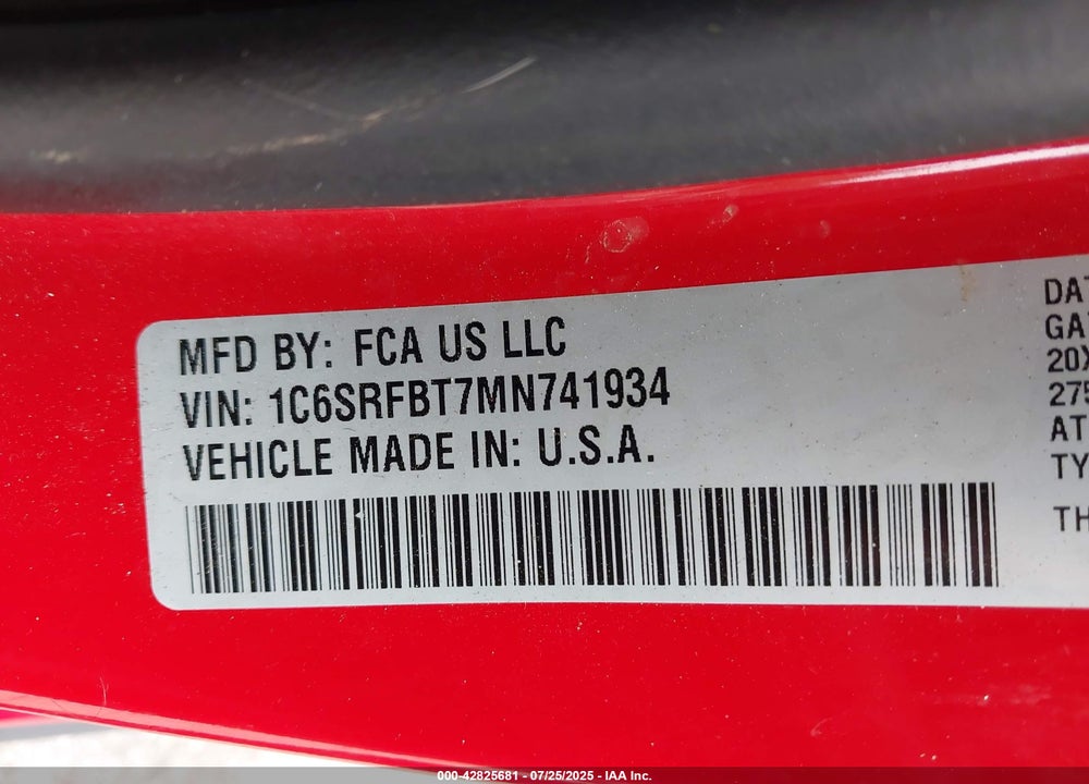 2021 RAM 1500 BIG HORN 4X4 6'4 BOX VIN: 1C6SRFBT7MN741934