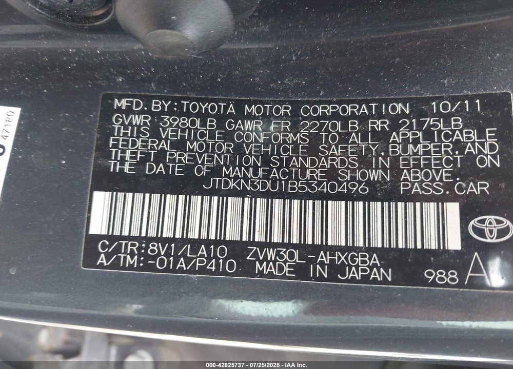 2011 TOYOTA PRIUS VIN: JTDKN3DU1B5340496