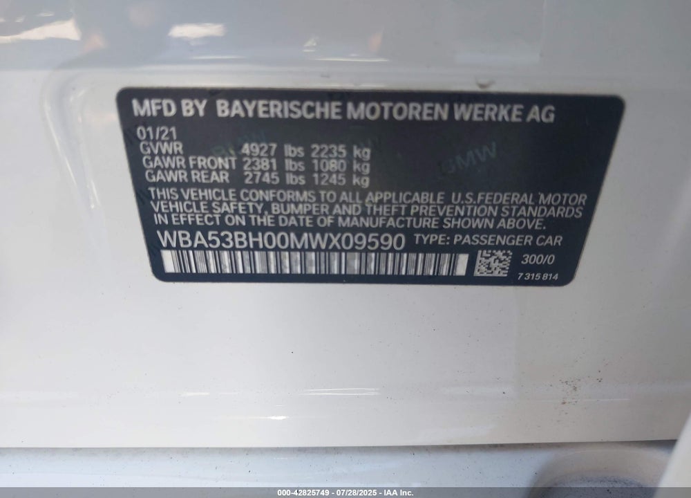 2021 BMW 5 SERIES VIN: WBA53BH00MWX09590
