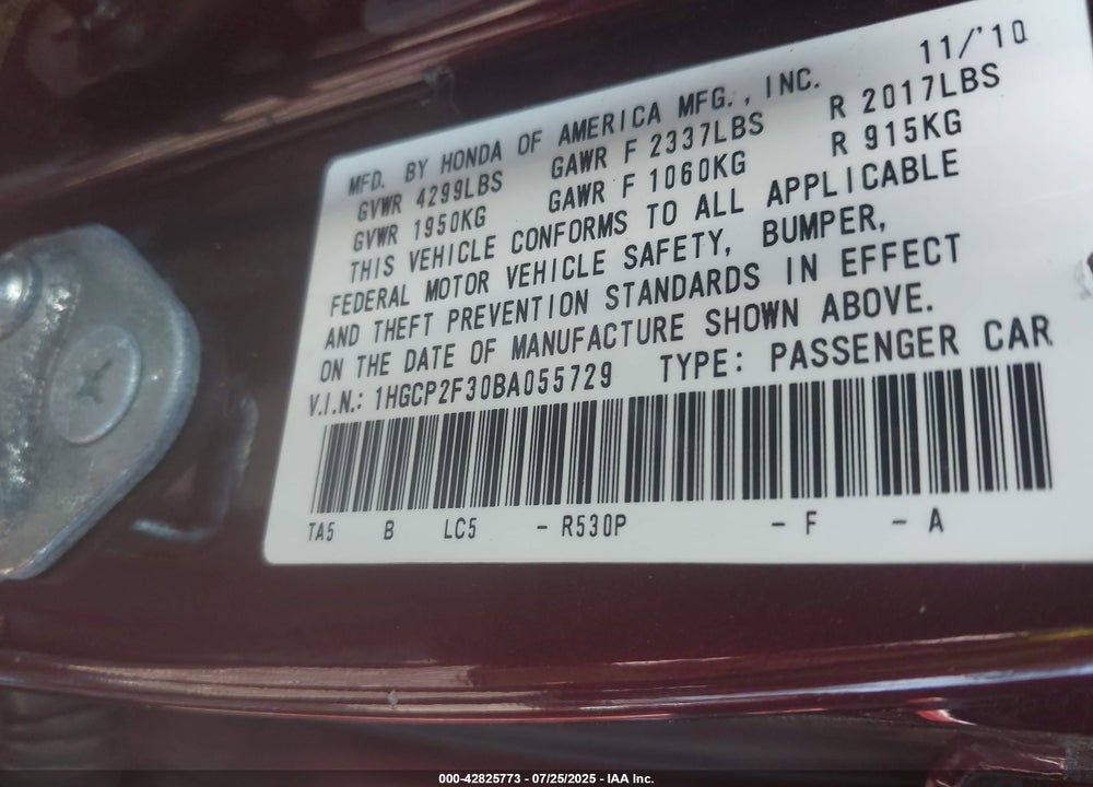 2011 HONDA ACCORD VIN: 1HGCP2F30BA055729