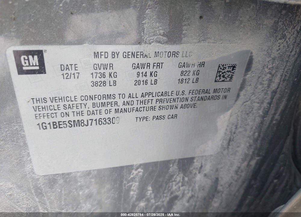 2018 CHEVROLET CRUZE LT AUTO VIN: 1G1BE5SM8J7163309