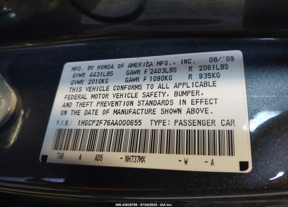 2010 HONDA ACCORD VIN: 1HGCP2F76AA000655