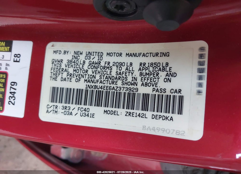 2010 TOYOTA COROLLA VIN: 1NXBU4EE6AZ373929