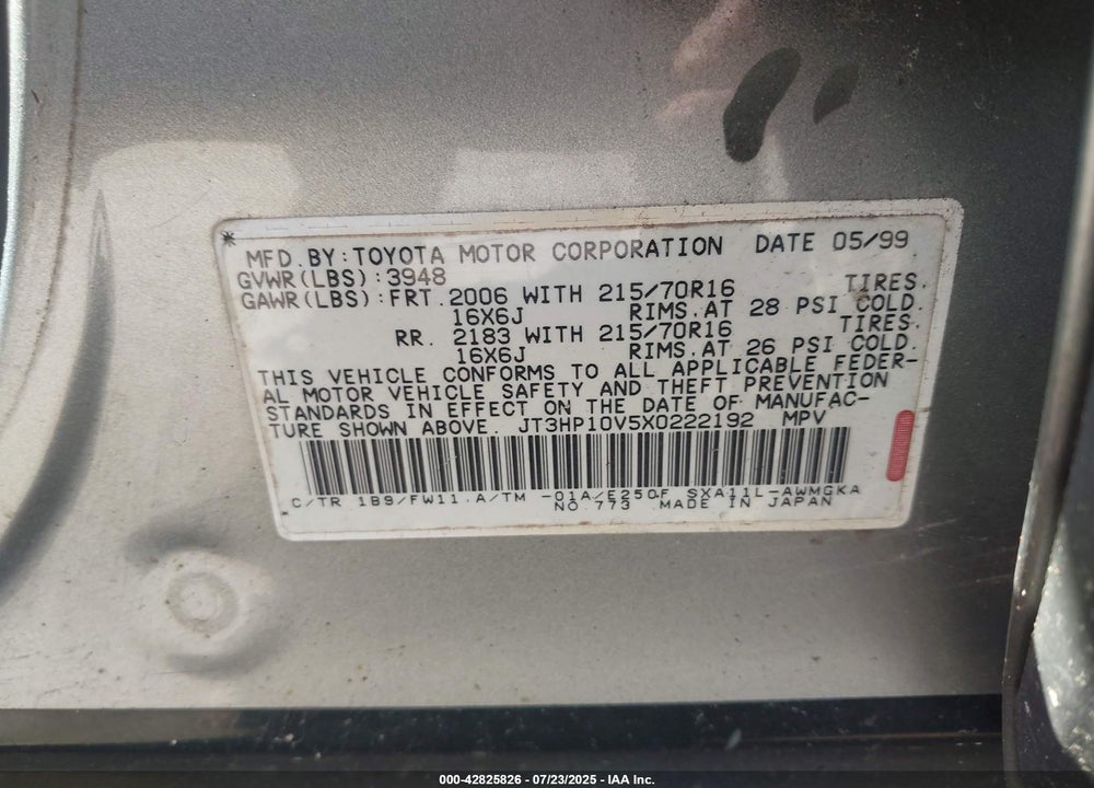 1999 TOYOTA RAV4 VIN: JT3HP10V5X0222192
