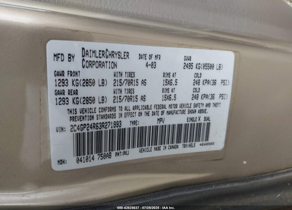 2003 CHRYSLER TOWN & COUNTRY VIN: 2C4GP24R63R271993