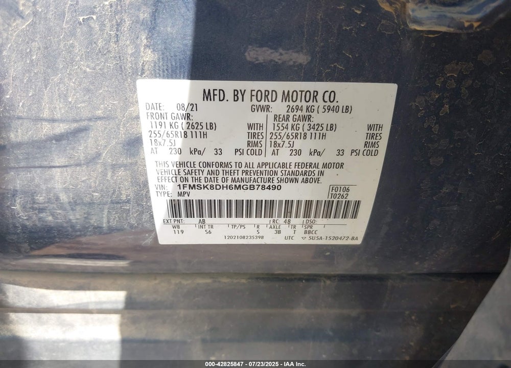 2021 FORD EXPLORER VIN: 1FMSK8DH6MGB78490