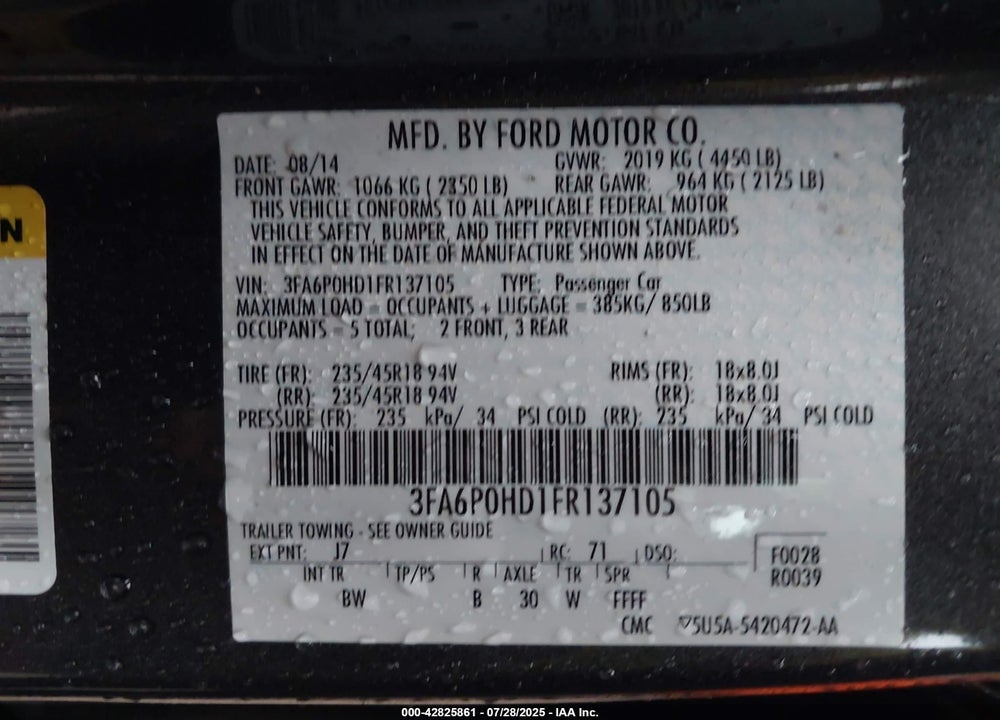 2015 FORD FUSION VIN: 3FA6P0HD1FR137105
