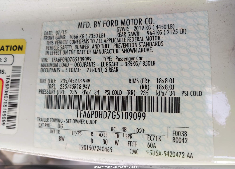 2016 FORD FUSION VIN: 1FA6P0HD7G5109099