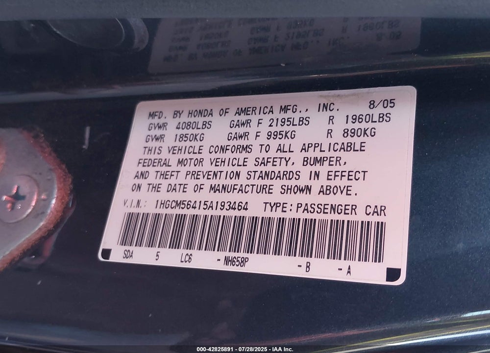 2005 HONDA ACCORD 2.4 LX VIN: 1HGCM56415A193464