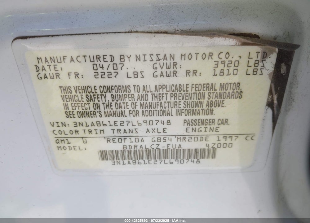 2007 NISSAN SENTRA VIN: 3N1AB61E27L690748