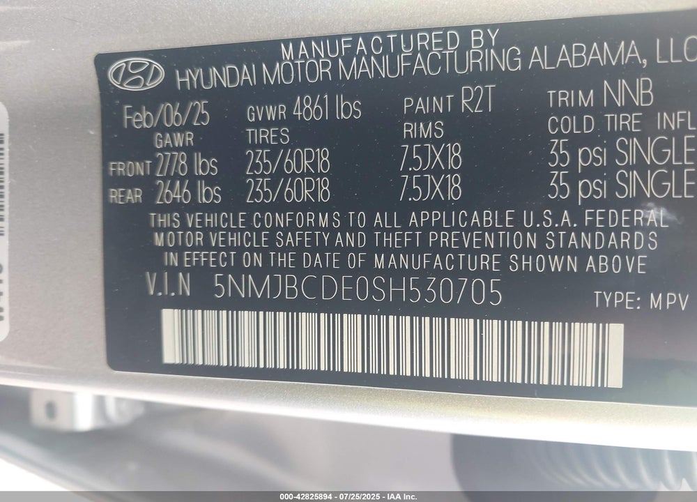 2025 HYUNDAI TUCSON VIN: 5NMJBCDE0SH530705