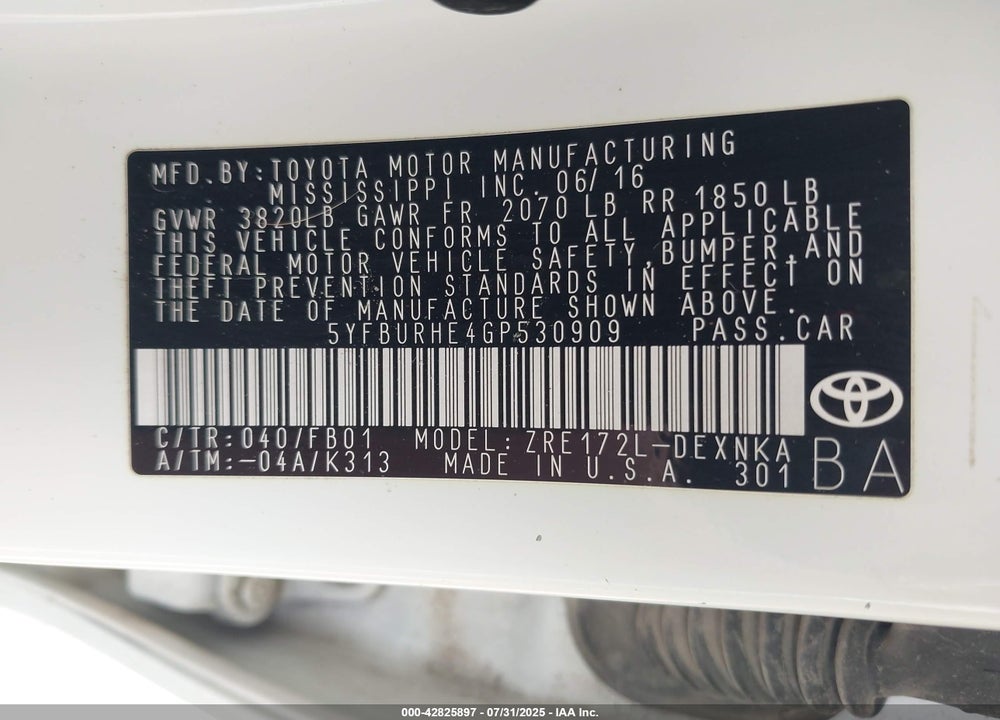 2016 TOYOTA COROLLA VIN: 5YFBURHE4GP530909