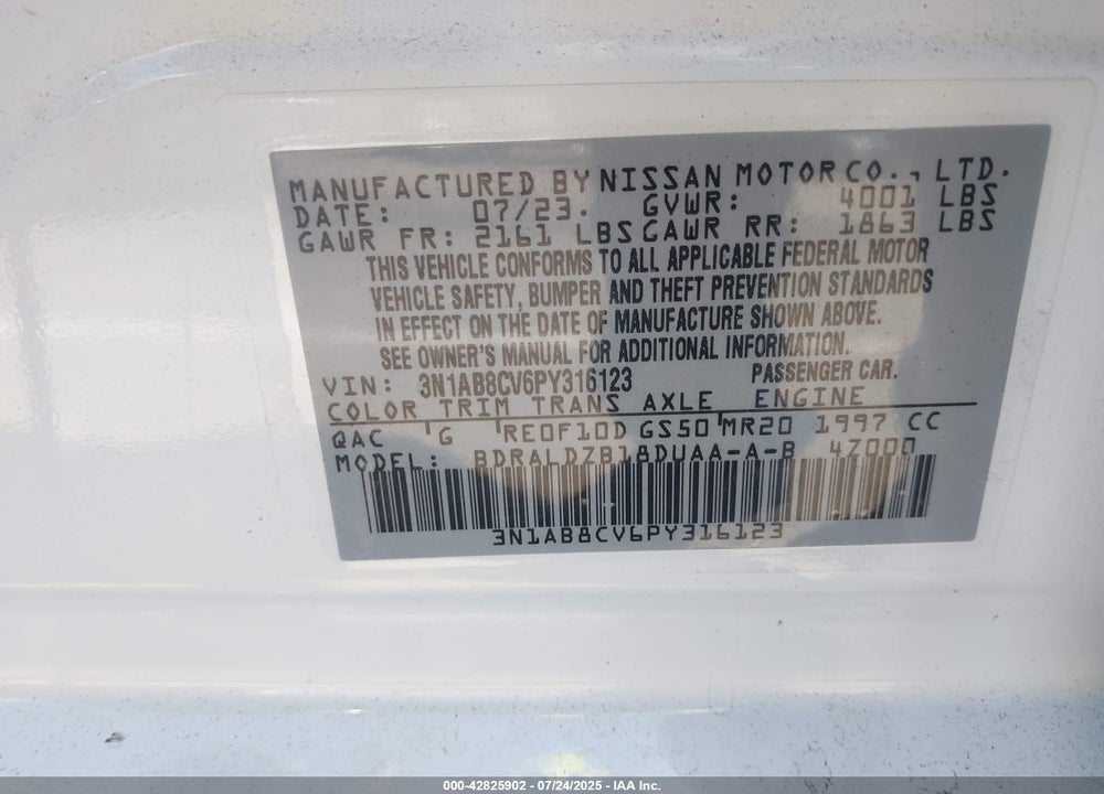 2023 NISSAN SENTRA VIN: 3N1AB8CV6PY316123