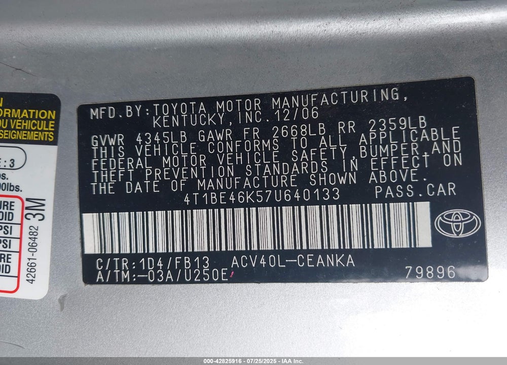 2007 TOYOTA CAMRY VIN: 4T1BE46K57U640133