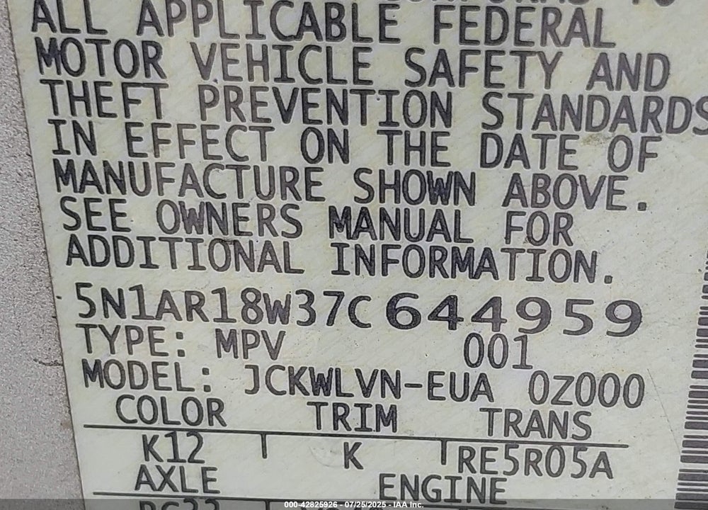 2007 NISSAN PATHFINDER LE VIN: 5N1AR18W37C644959
