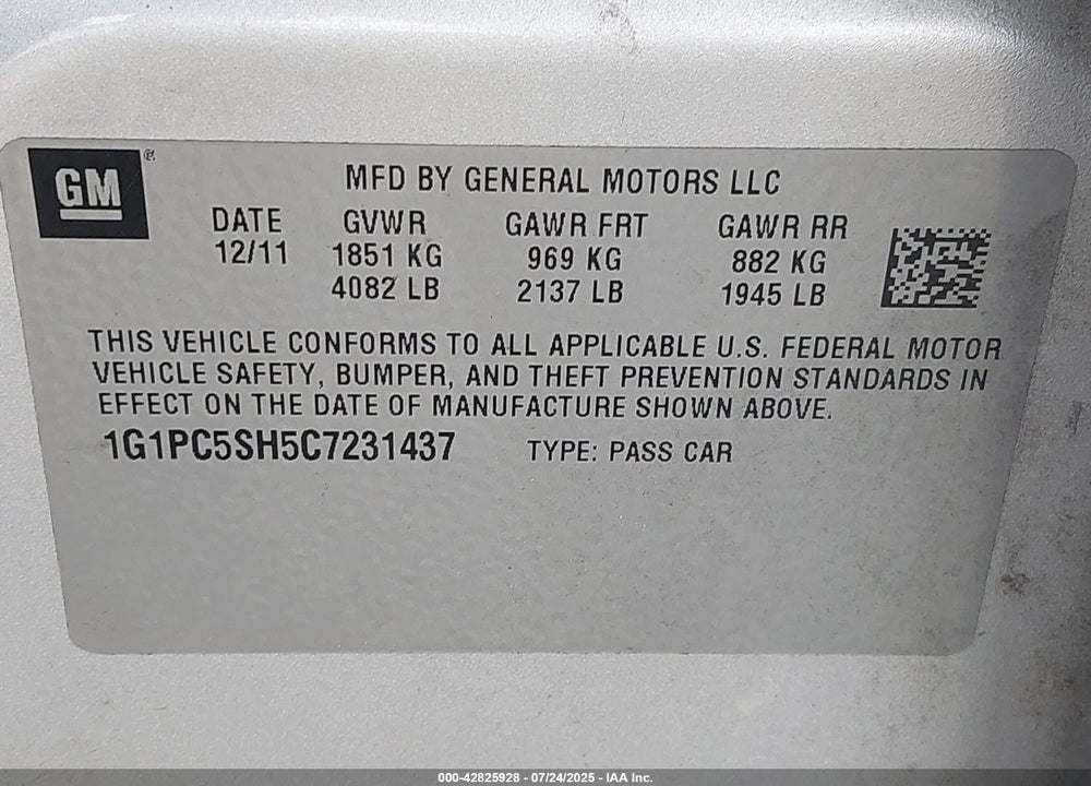 2012 CHEVROLET CRUZE VIN: 1G1PC5SH5C7231437