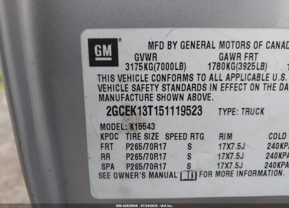 2005 CHEVROLET SILVERADO 1500 Z71 VIN: 2GCEK13T151119523
