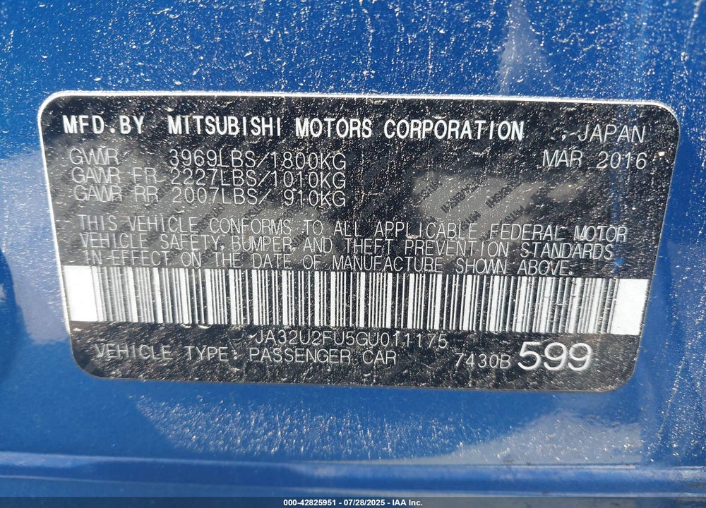 2016 MITSUBISHI LANCER VIN: JA32U2FU5GU011175