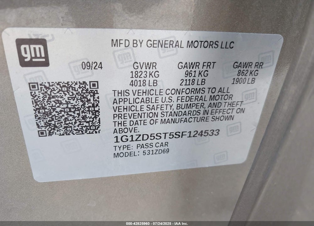 2025 CHEVROLET MALIBU VIN: 1G1ZD5ST5SF124533