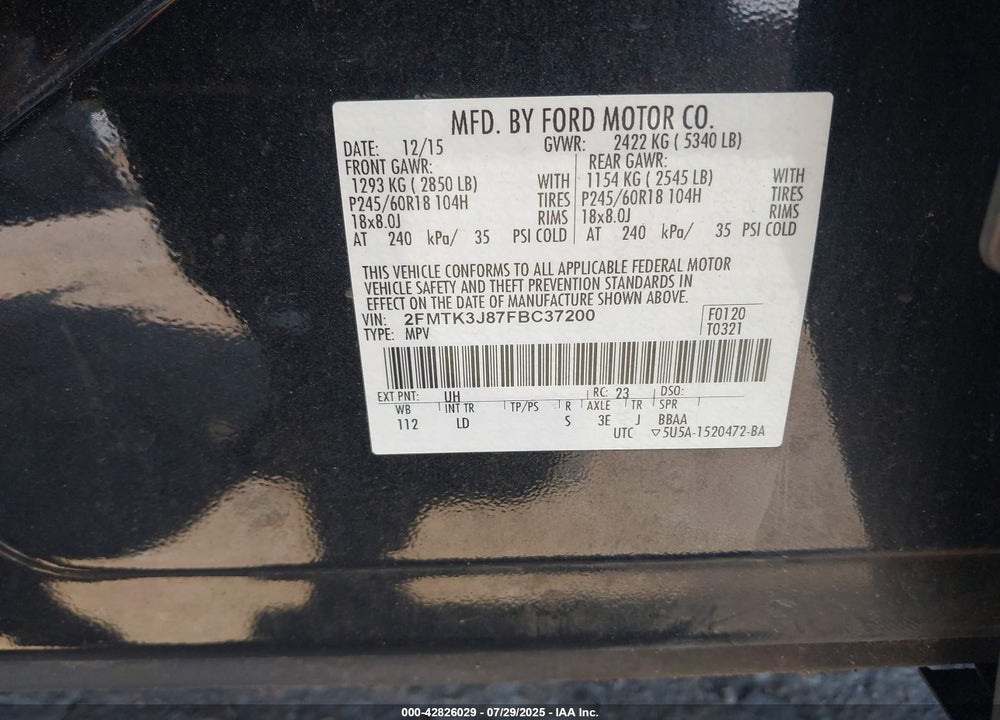 2015 FORD EDGE VIN: 2FMTK3J87FBC37200