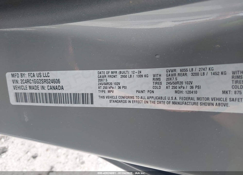 2025 CHRYSLER PACIFICA VIN: 2C4RC1GG2SR524606