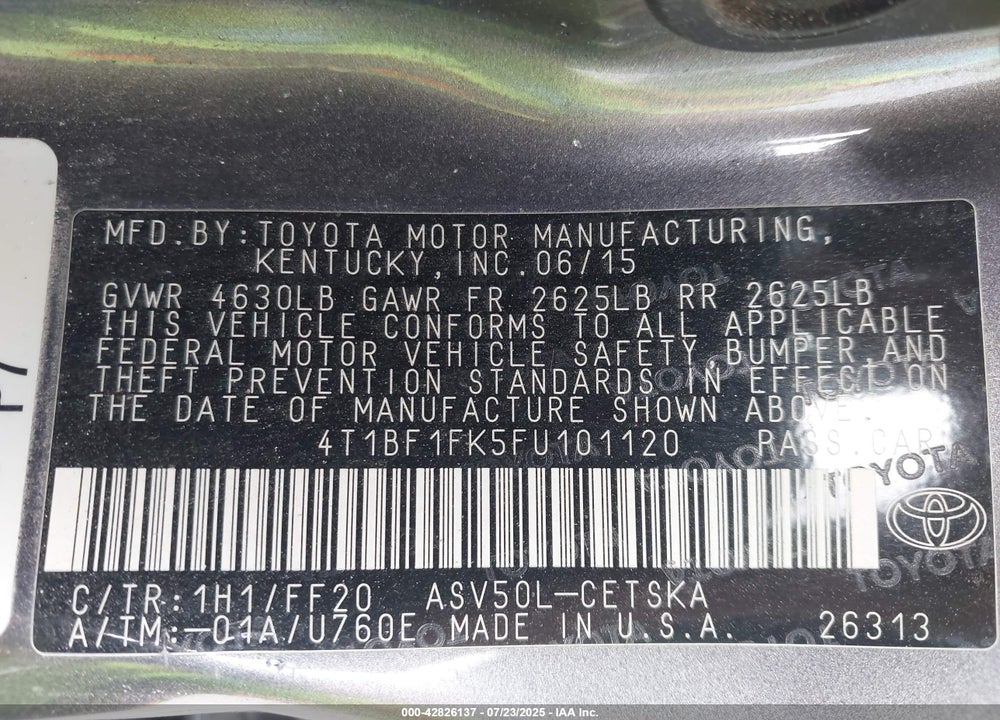 2015 TOYOTA CAMRY SE VIN: 4T1BF1FK5FU101120