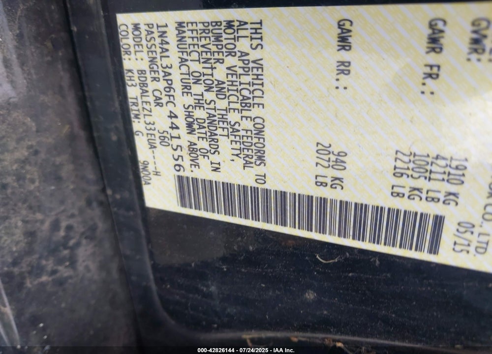 2015 NISSAN ALTIMA VIN: 1N4AL3AP6FC441556
