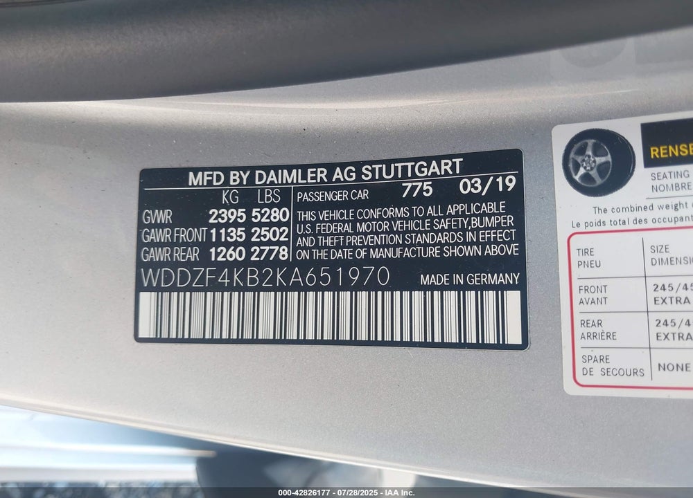 2019 MERCEDES-BENZ E-CLASS VIN: WDDZF4KB2KA651970