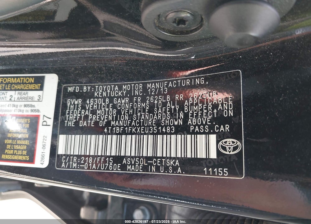 2014 TOYOTA CAMRY VIN: 4T1BF1FKXEU351483