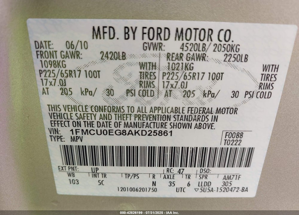 2010 FORD ESCAPE VIN: 1FMCU0EG8AKD25861