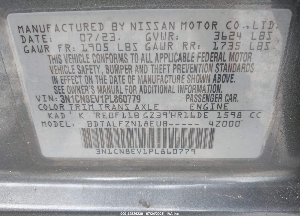 2023 NISSAN VERSA VIN: 3N1CN8EV1PL860779