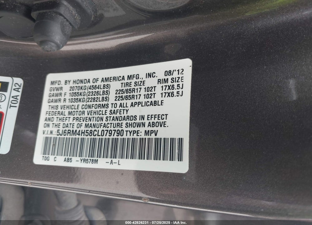 2012 HONDA CR-V EX VIN: 5J6RM4H58CL079790