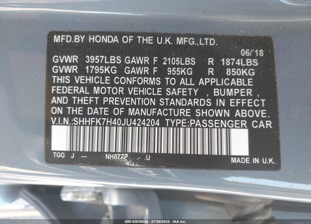 2018 HONDA CIVIC VIN: SHHFK7H40JU424204