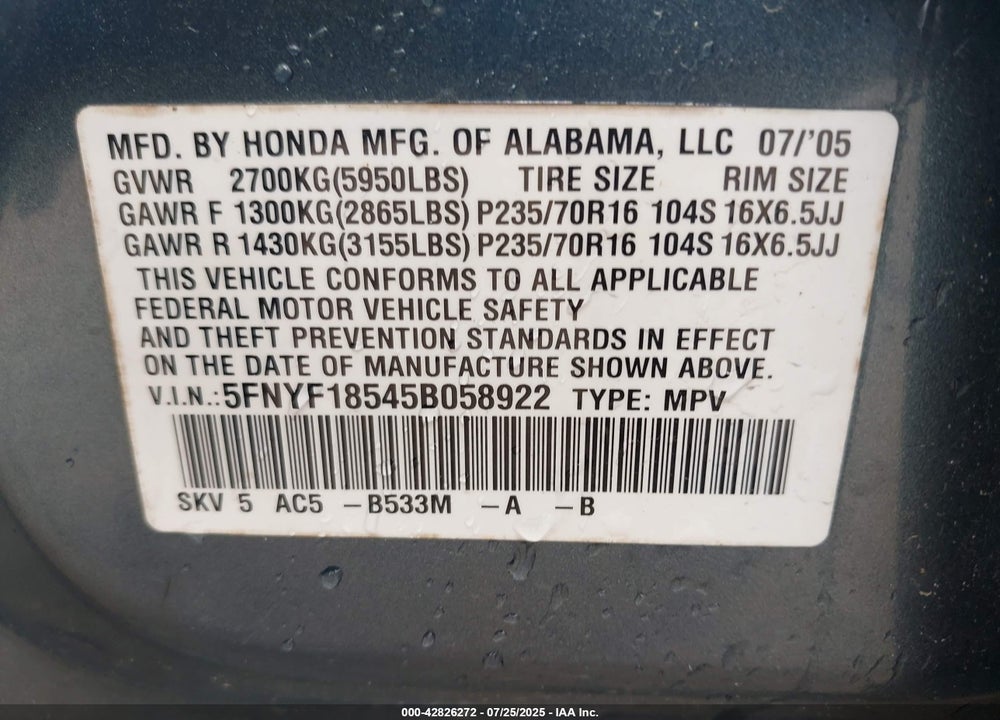 2005 HONDA PILOT VIN: 5FNYF18545B058922