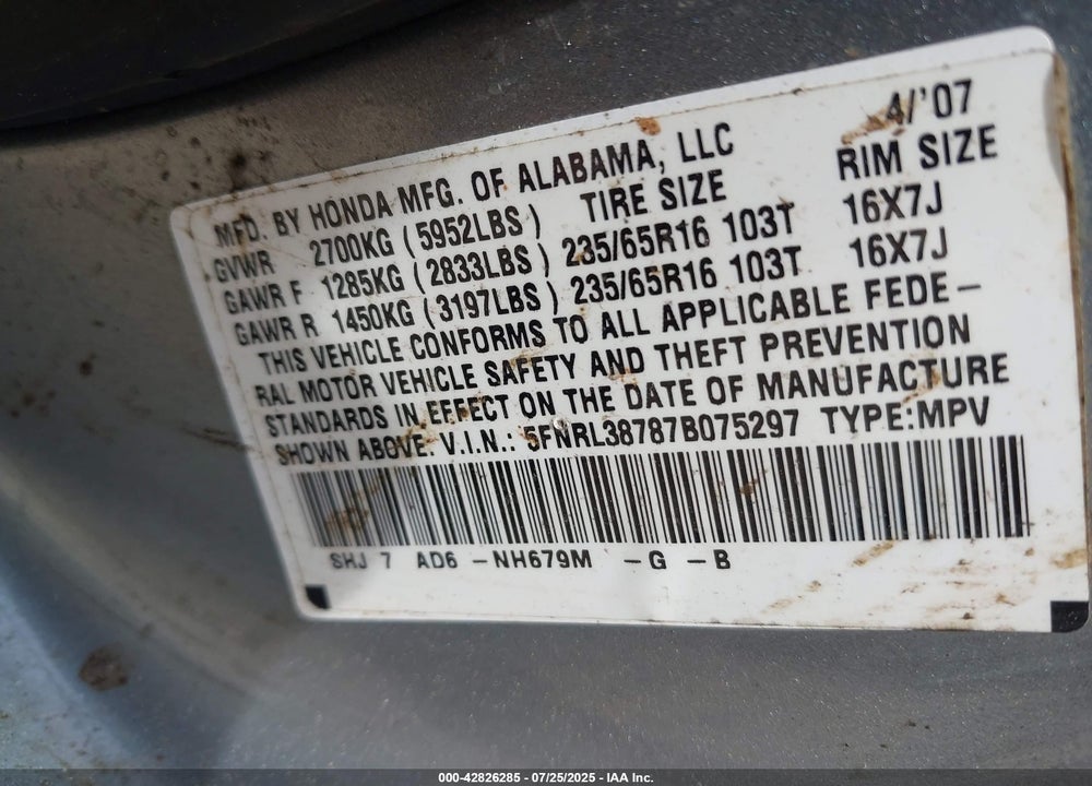 2007 HONDA ODYSSEY EX-L VIN: 5FNRL38787B075297